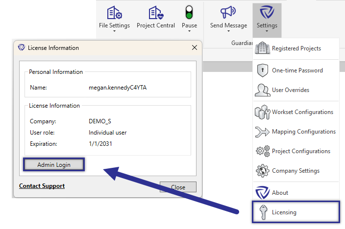 Guardian License Admin Login Dialog