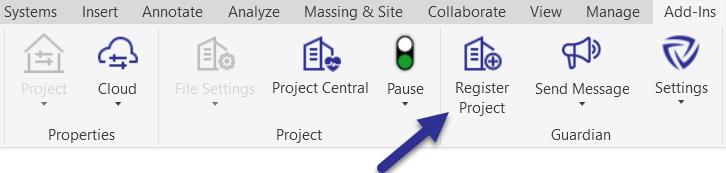 Blue arrow pointing to Register Project button