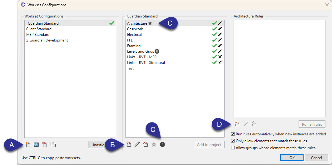 Workset Configurations dialog showing sets, worksets, and rules