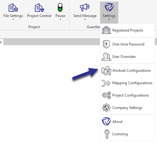 Guardian settings dropdown with arrow pointing to Workset Configurations