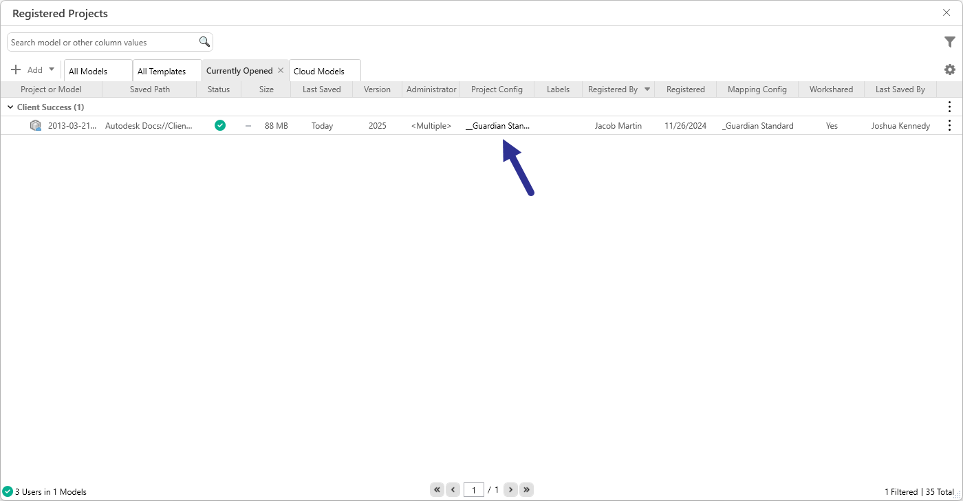 Registered Projects dialog