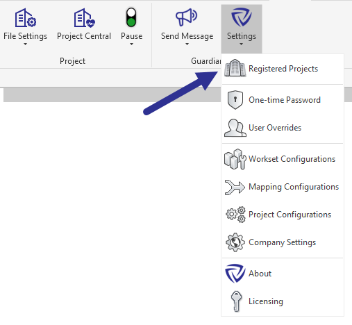 Blue arrow pointing to Projects button under Settings