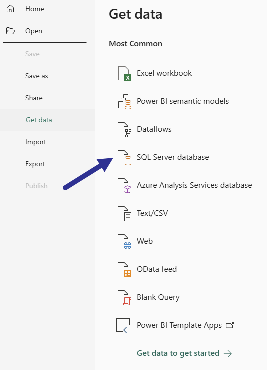 Get Data dialog with arrow pointing to SQL Server database