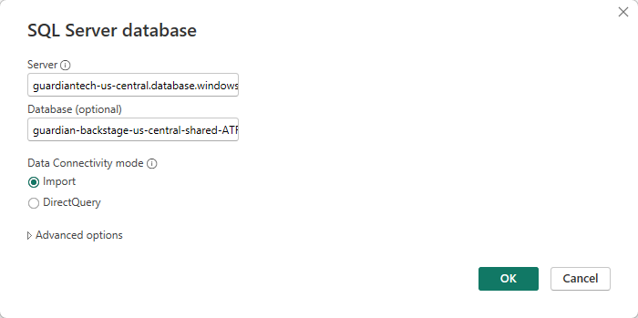SQL Server database dialog to enter server and database info