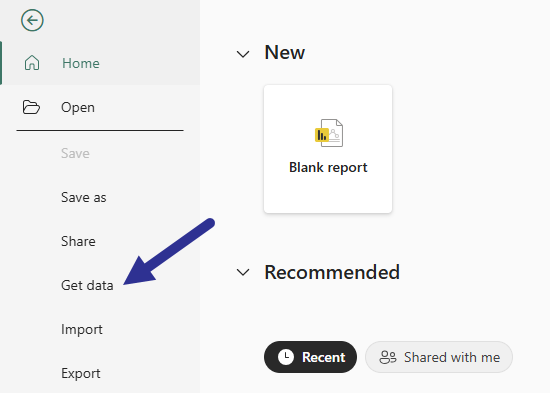 Power BI Desktop with arrow pointing to get data