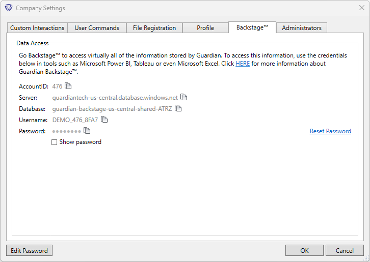 Guardian Company Settings dialog showing Backstage login info