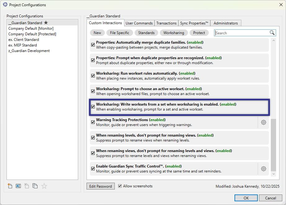 Project Configurations dialog with Worksharing highlighted