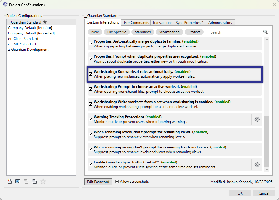 Project Configurations dialog with run workset rules automatically highlighted