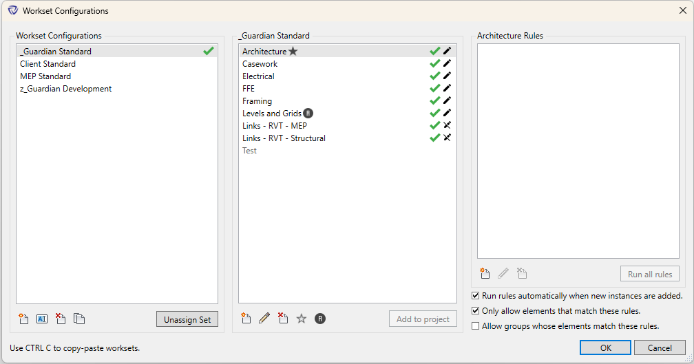 Guardian Workset Configurations dialog