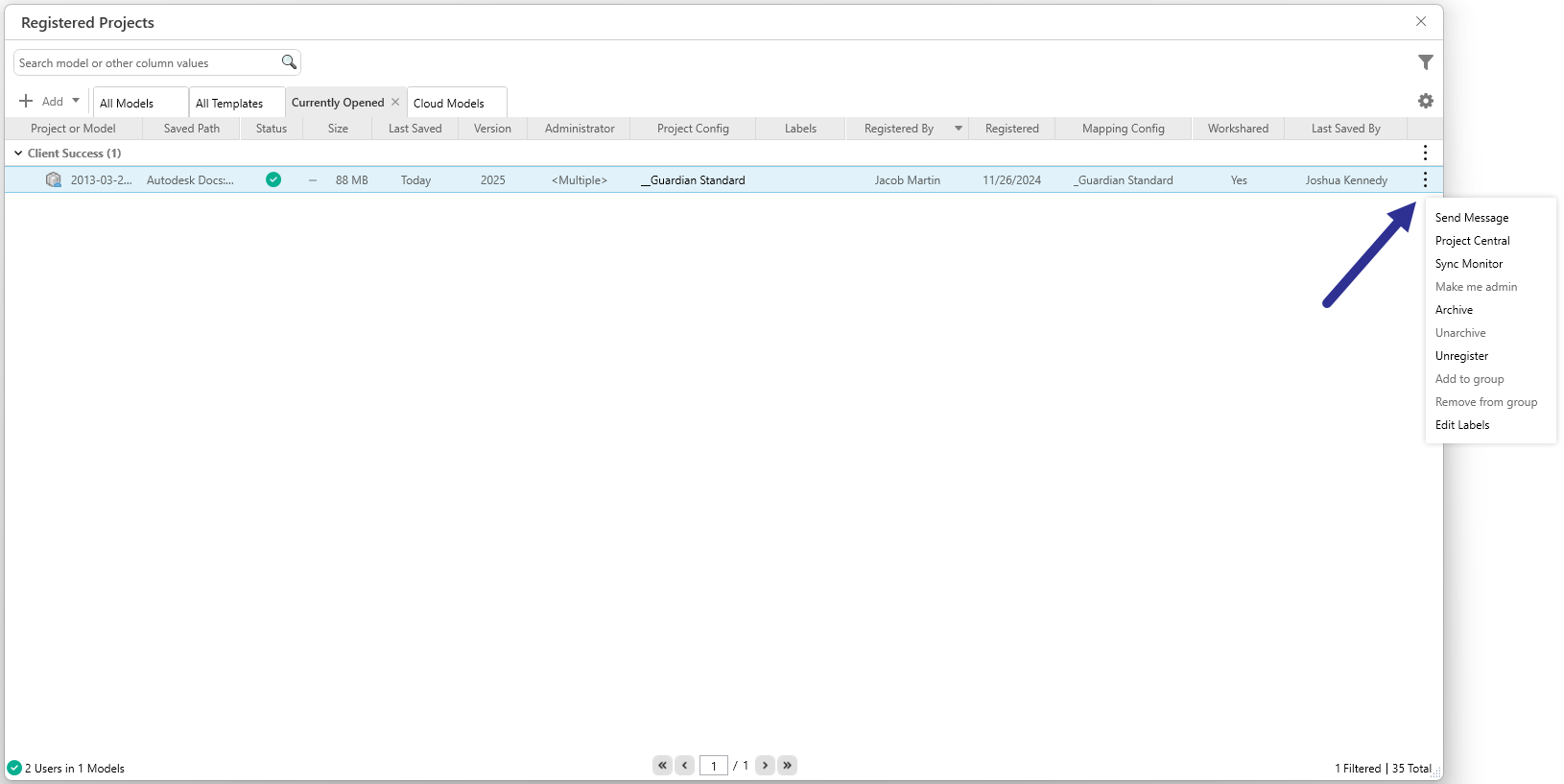 Registered Projects dialog with arrow pointing to Send Message