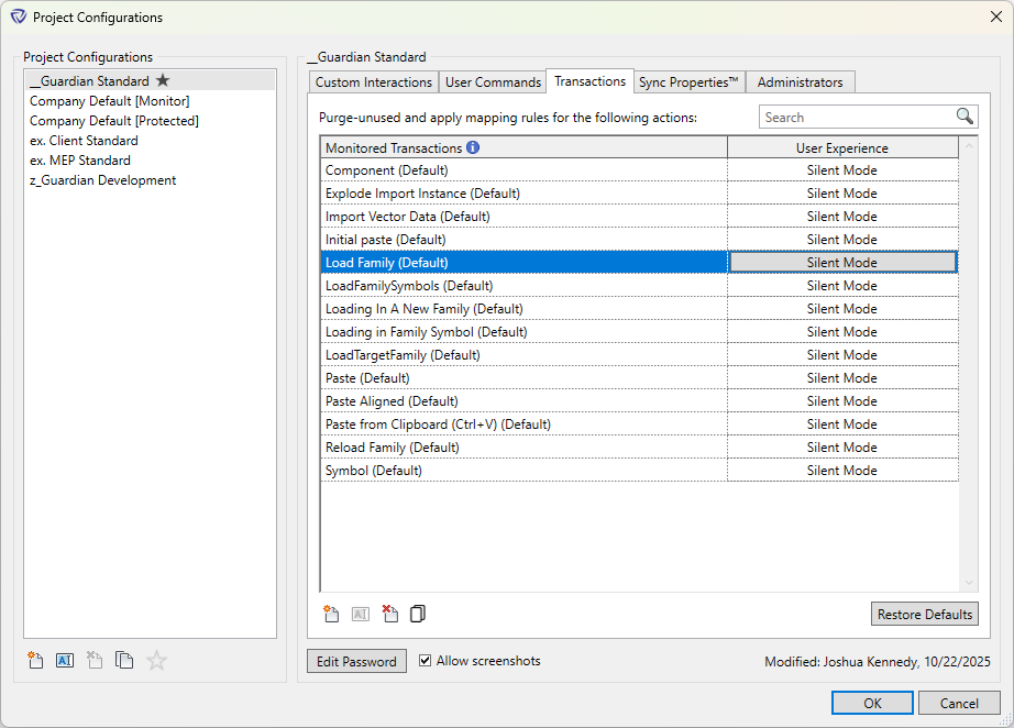 Project Configurations dialog for Transactions