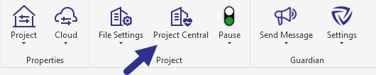 Arrow pointing to Project Central button in the ribbon