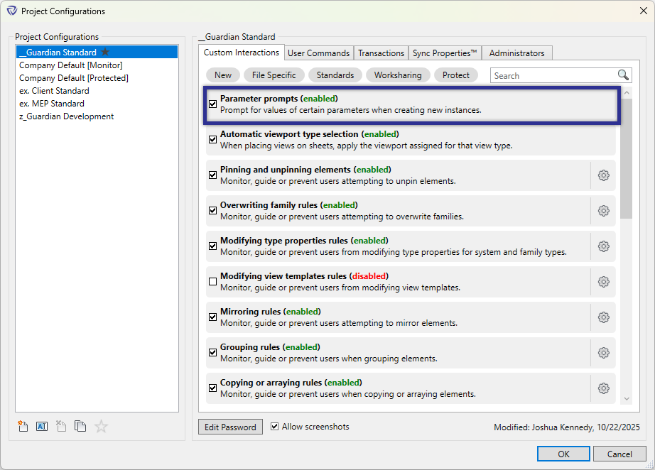 Project Configurations dialog with Parameter Prompts highlighted