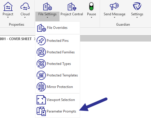 File Settings dropdown with arrow pointing to Parameter PromptsGuardian Protected Pins dropdown with arrow pointing to Parameter Prompts