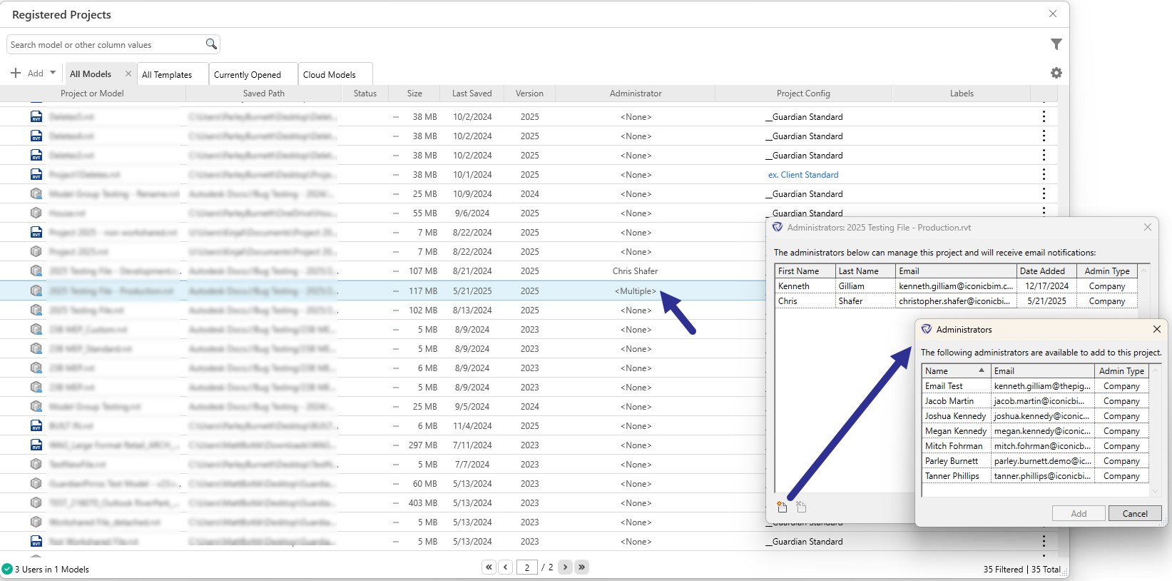 Registered Projects dialog