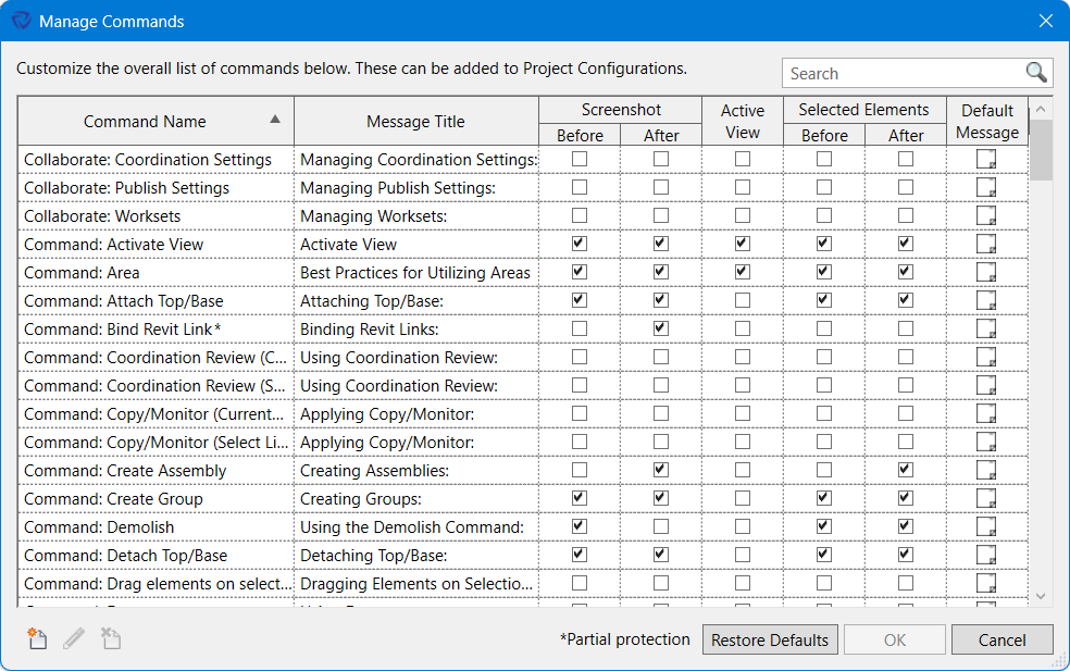 Manage Commands dialog