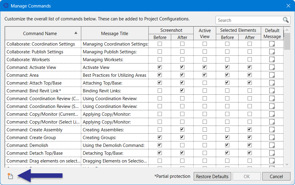 Manage Commands dialog with arrow pointing to New button