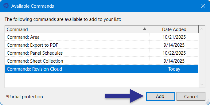 Available Commands dialog