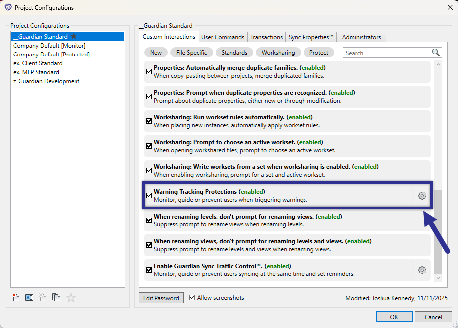 Project Configurations dialog with Warning Tracking Protections highlighted