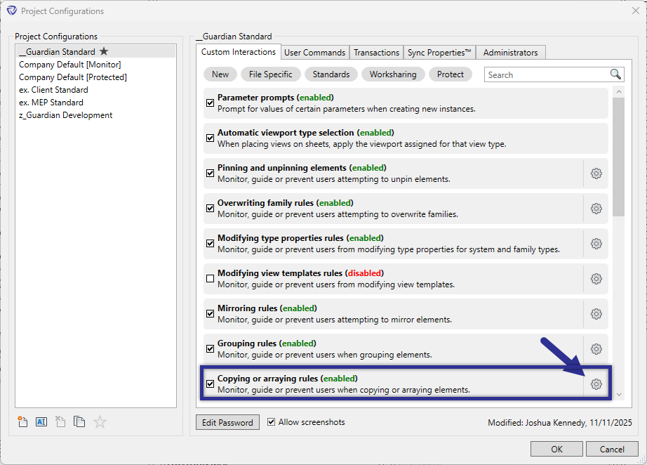 Project configurations dialog for customizing copy and array behaviors