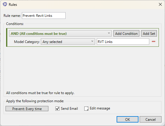 rules dialog box showing and/or condition types