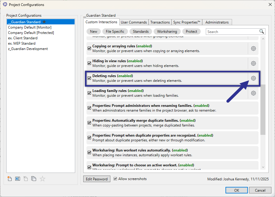 Project Configurations dialog for customizing deleting elements