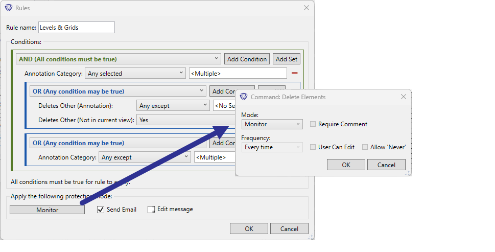 Mode and frequency dialog for delete rules