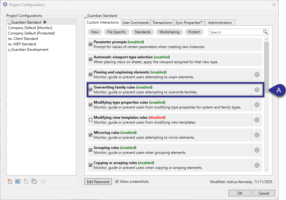 Project Configurations dialog showing overwriting certain families checkbox