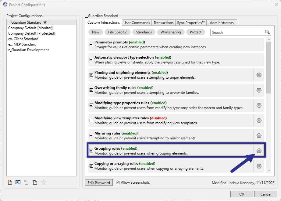 Project Configuration dialog for grouping elements