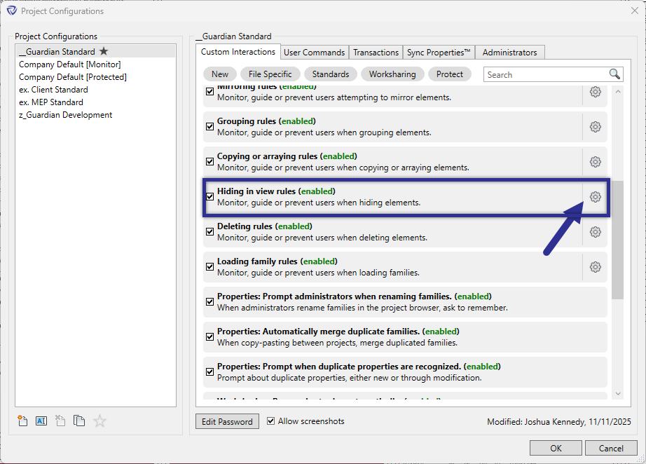 Project Configurations dialog for hiding elements in view