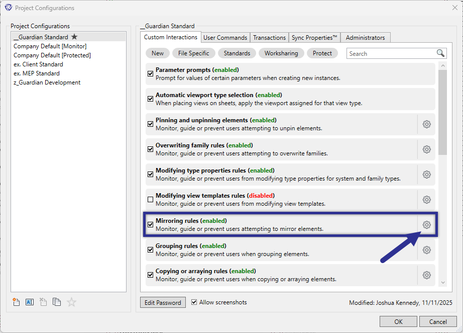 Project configurations dialog with mirroring elements checkbox highlighted