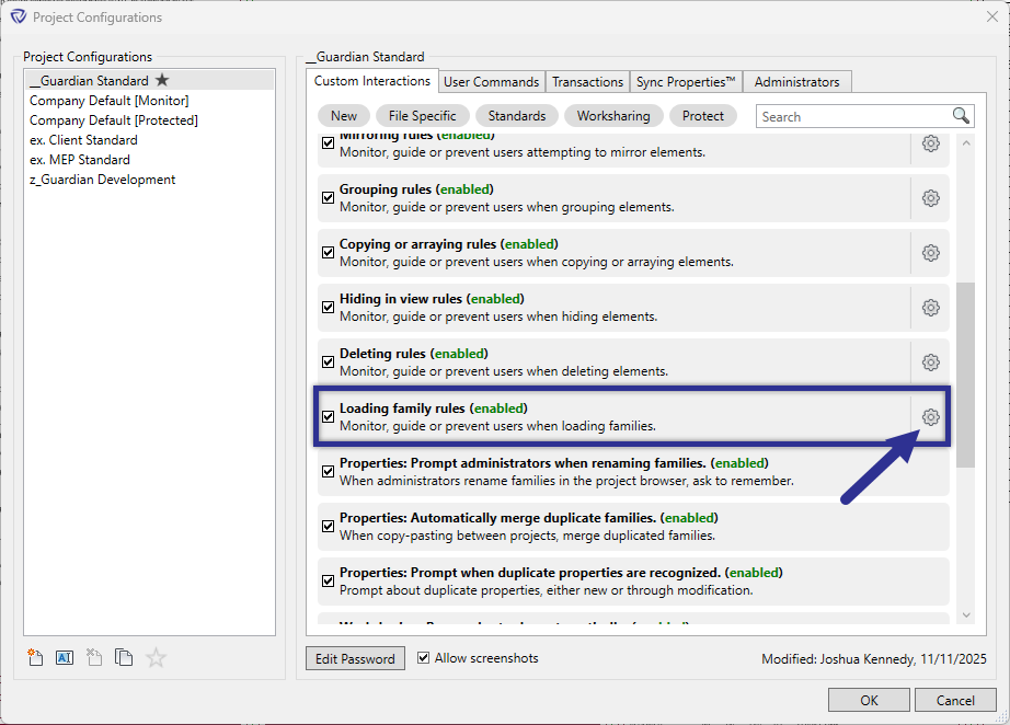 Project Configurations dialog for enabling behaviors when loading families