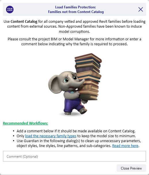 Guardian command message for loading a Revit family