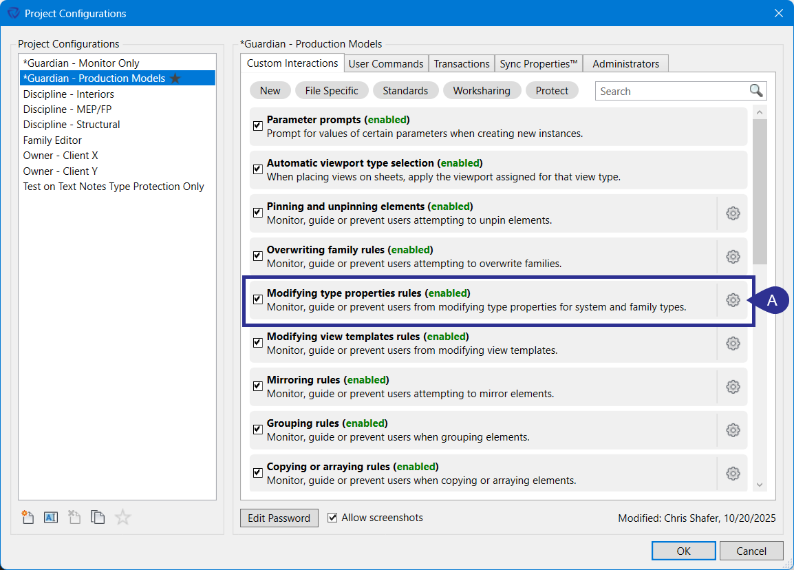 Modifying type properties rules highlighed in Project Configurations