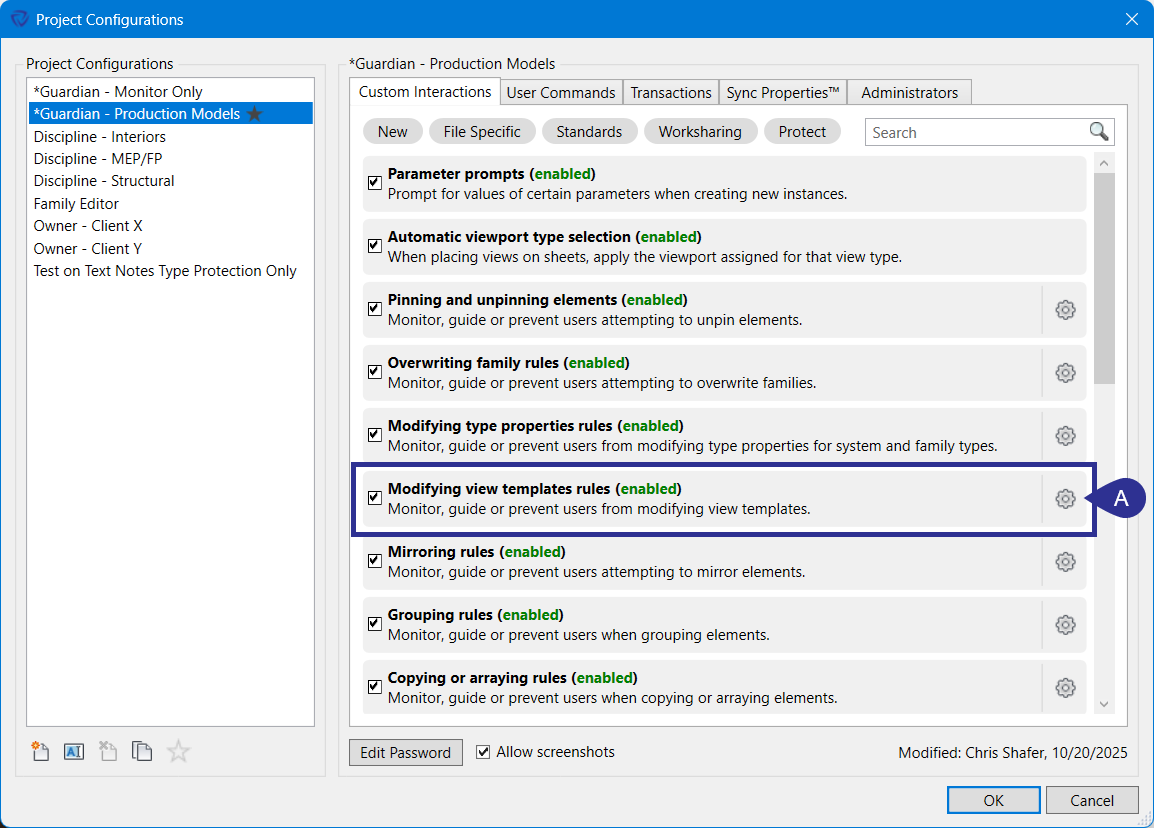 Modifying view template rules in project configurations settings