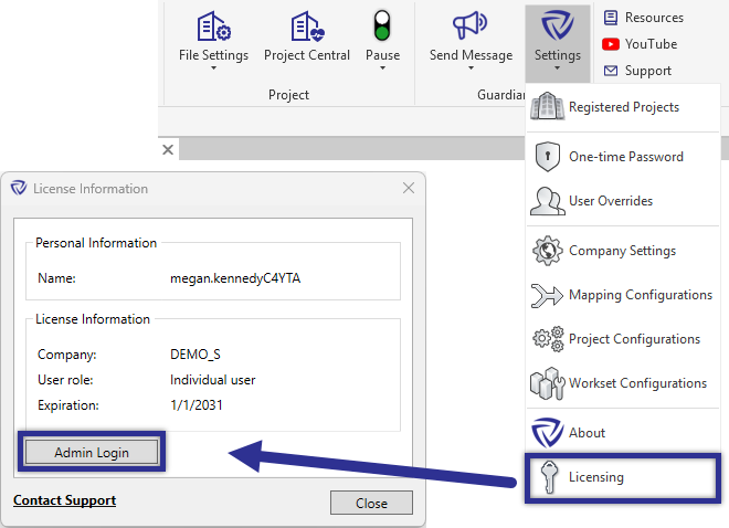Guardian admin login dialog