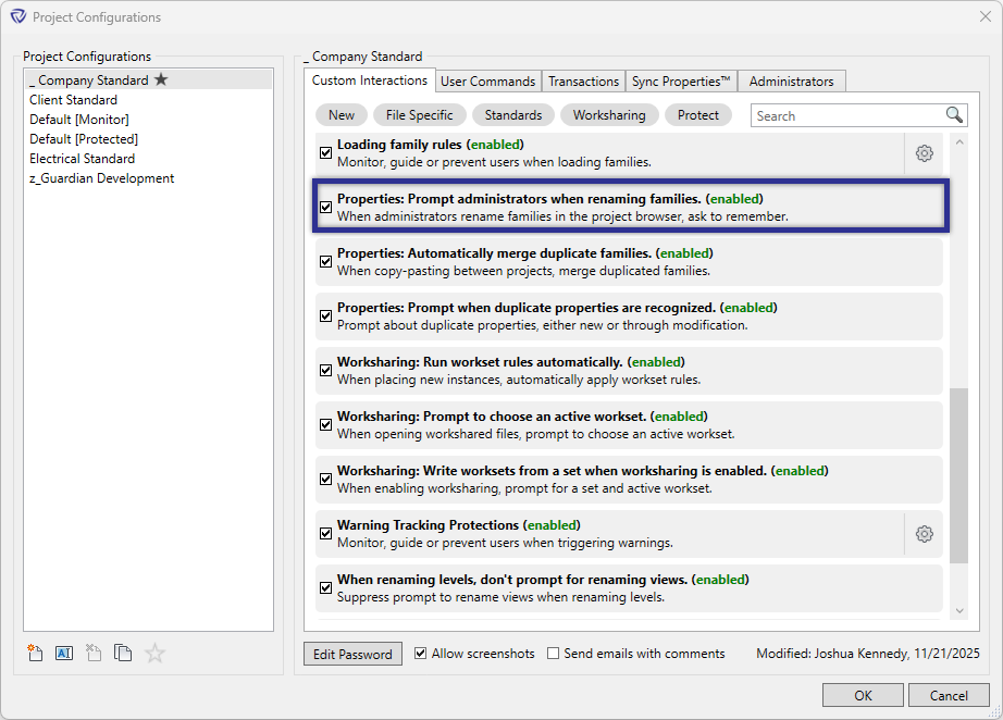 Project configurations dialog