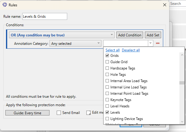 Rule dialog box for guiding levels and grids