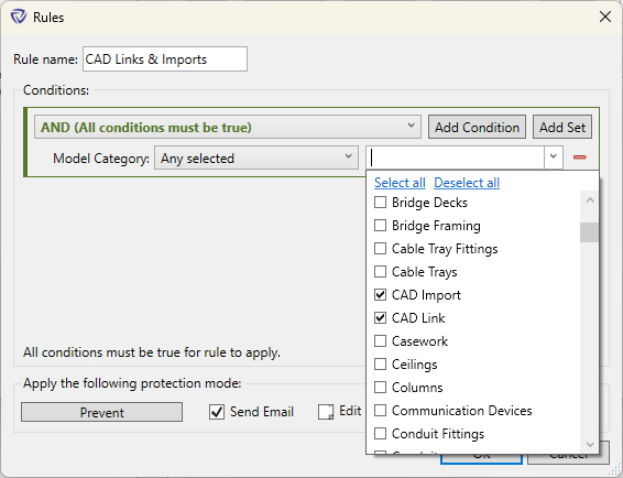 Rule for preventing CAD links and imports