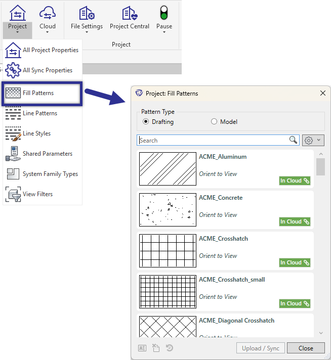 Guardian dialog with arrow pointing to Project Fill Patterns