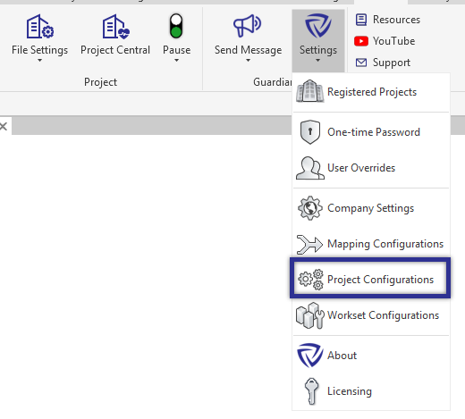 Guardian Settings dialog with arrow pointing to Project Configurations