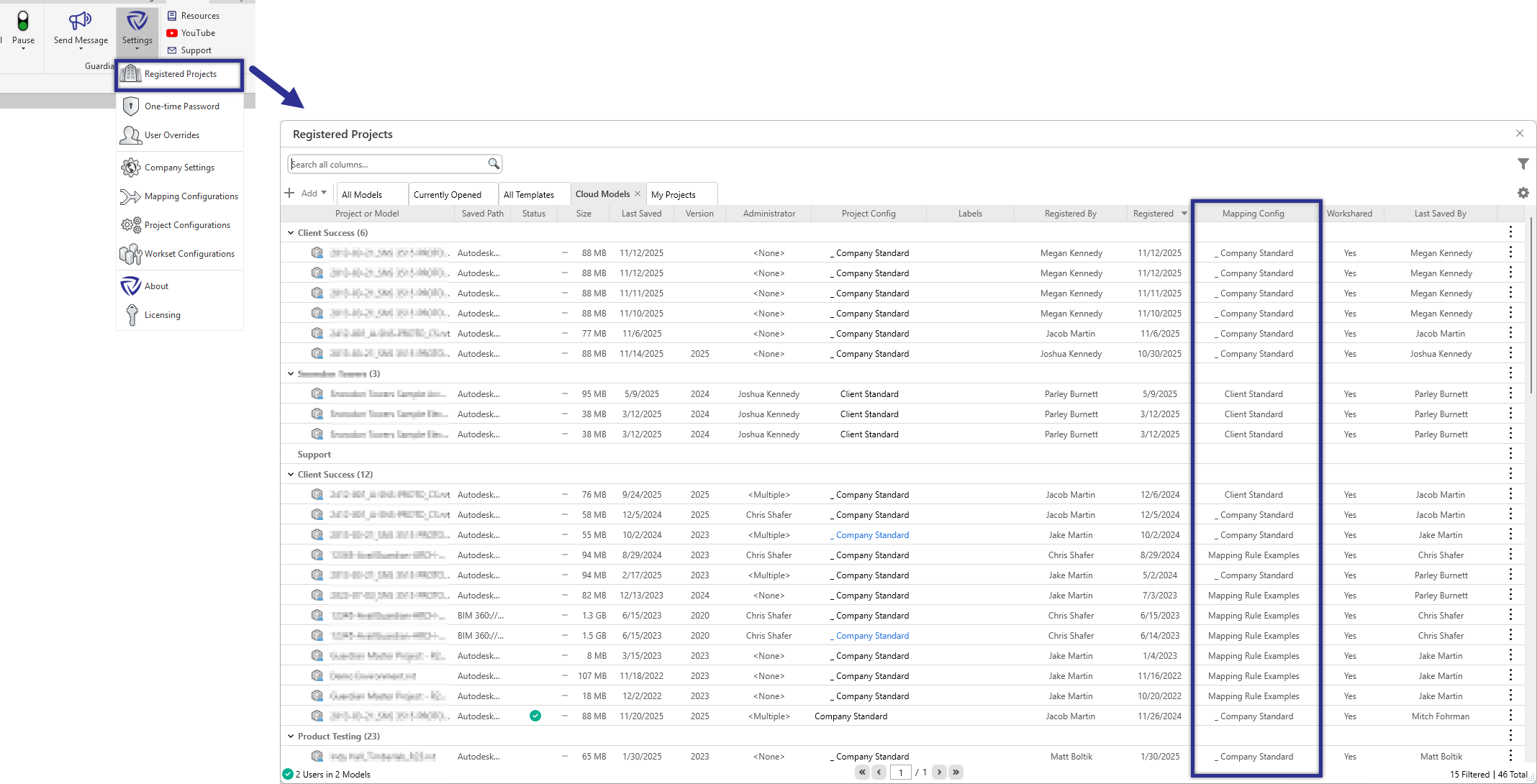 Guardian Registered Projects dialog with arrow pointing to Mapping Config