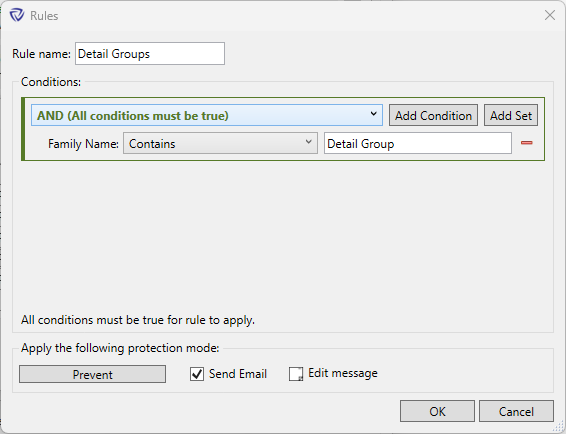 Rules dialog for preventing detail groups