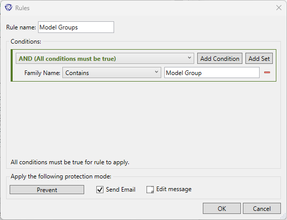 Rules dialog for preventing model groups