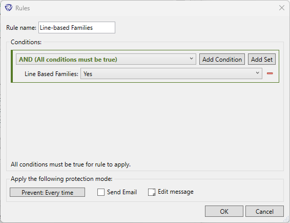 Rules dialog for preventing line based family groups