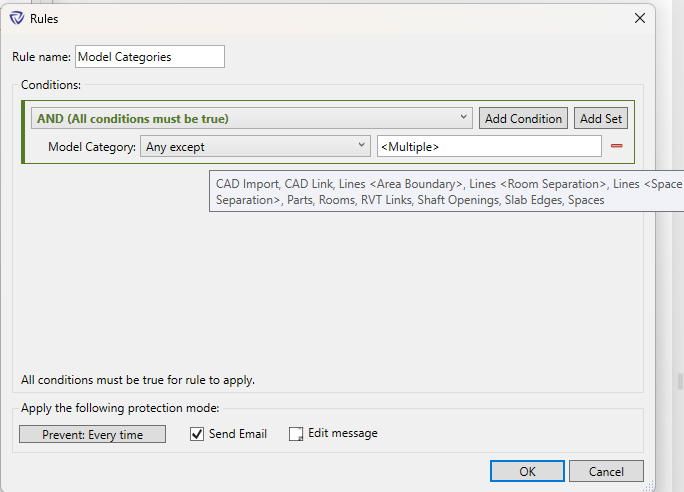 Rules dialog for preventing model categories in groups