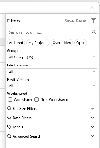 Filter panel in Registered Projects
