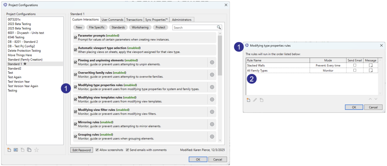 Project configurations dialog for family type protections