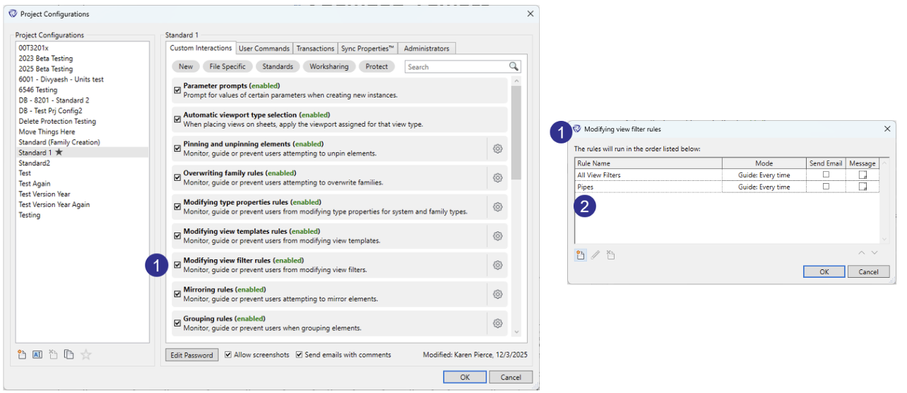 Project configurations dialog for view filters
