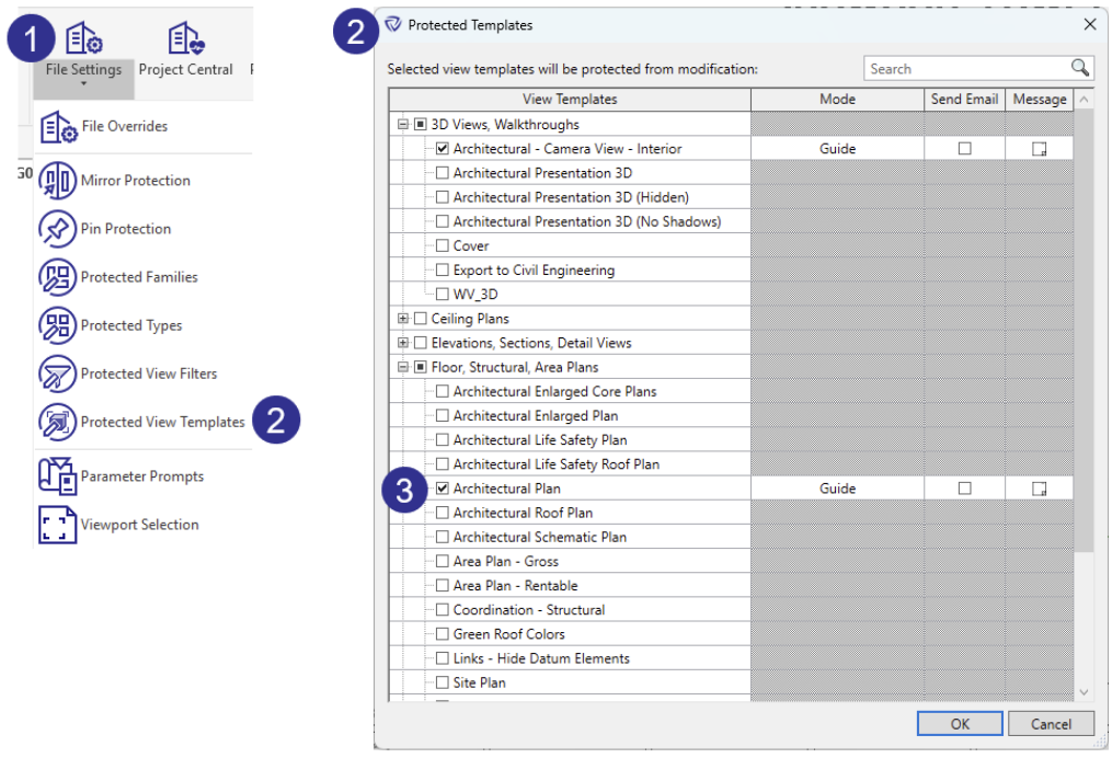 Selection-based view template protections dialog